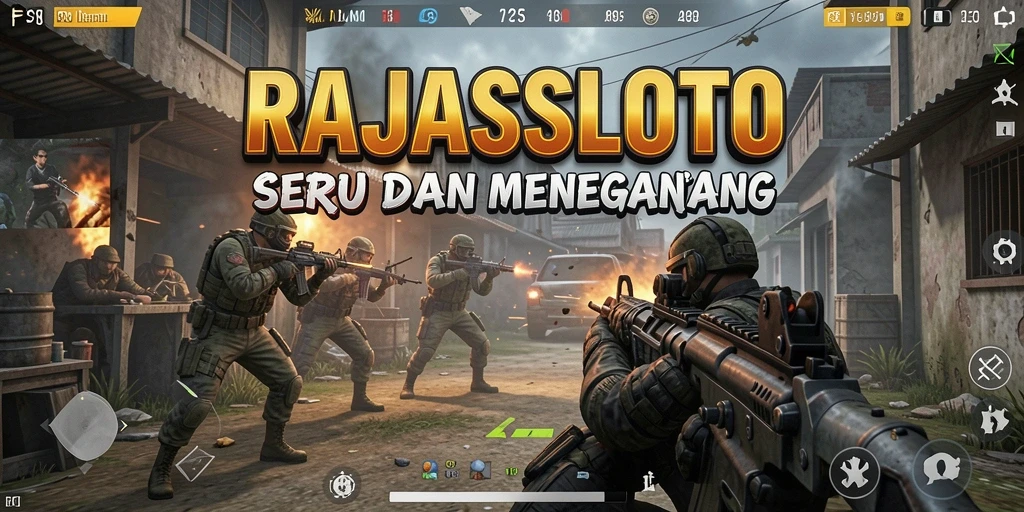 Tangkapan layar RAJASLOTO menampilkan aksi tembak-menembak yang intens.